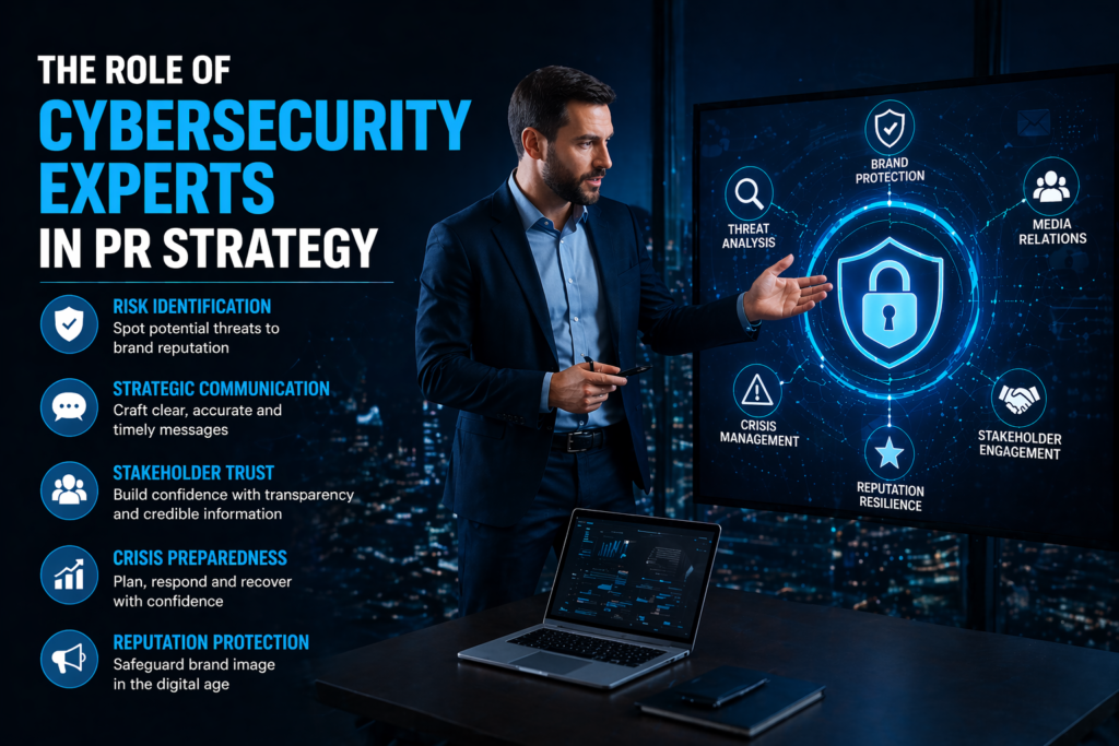 Cybersecurity PR expert strategy infographic showing a professional presenter explaining brand protection crisis management and reputation resilience in a high tech office setting.