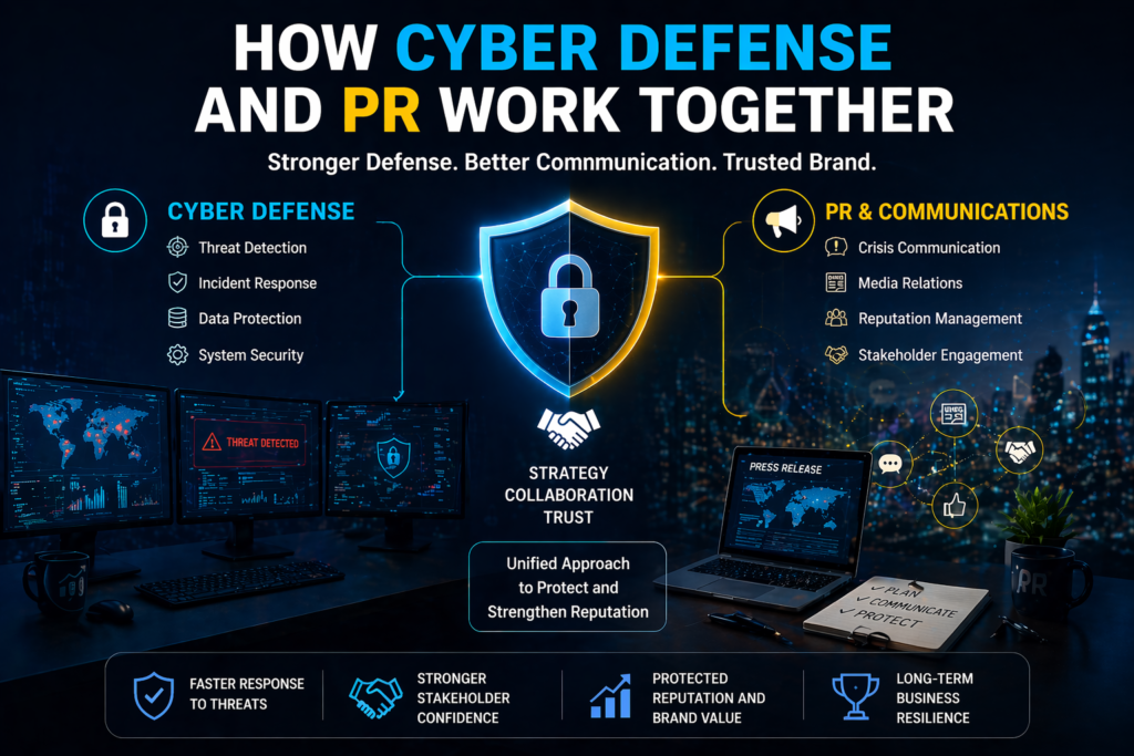 Infographic illustrating the collaboration between Cyber Defense and PR highlighting key concepts like threat detection crisis communication and brand protection in a high tech environment.