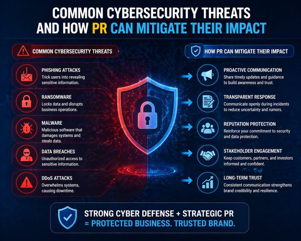 Infographic showcasing common cybersecurity threats like phishing ransomware and malware and how PR strategies like proactive communication and reputation protection can mitigate their impact.
