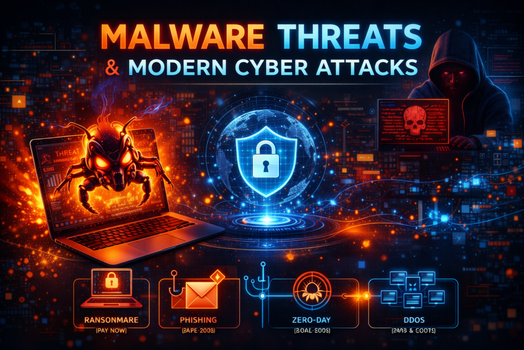 malware threats and modern cyber attacks illustration showing hacker laptop virus attack digital shield protection and phishing ransomware concepts.