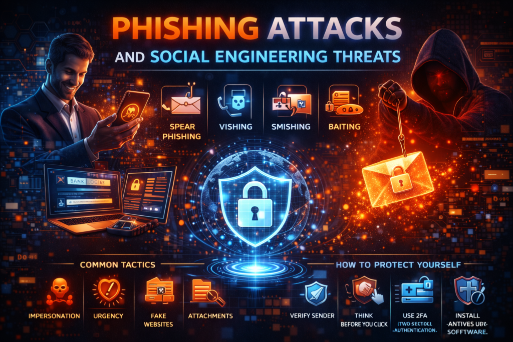 phishing attacks and social engineering threats illustration showing hacker email scam fake websites spear phishing and digital security protection concepts.