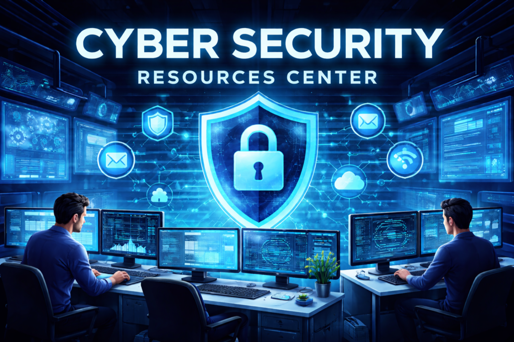 Cyber Security Resources Center showcasing cybersecurity experts monitoring real-time security data across multiple advanced monitors, with real-time security alerts and digital threats displayed. A glowing padlock and shield represent cutting-edge digital protection, emphasizing comprehensive data security solutions and threat mitigation for businesses focused on cybersecurity.