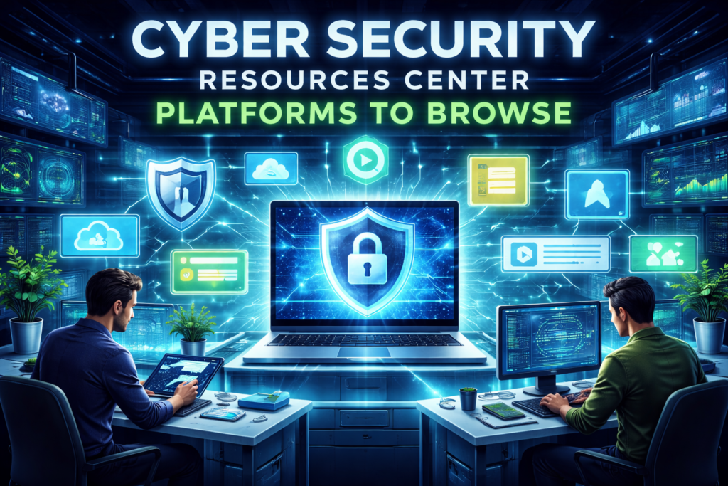 Cyber Security Resources Center Platforms to Browse featuring cybersecurity professionals analyzing data on advanced monitors and laptops. The scene includes digital icons, a glowing padlock shield, and floating security elements, representing cutting-edge data protection and digital threat monitoring solutions.