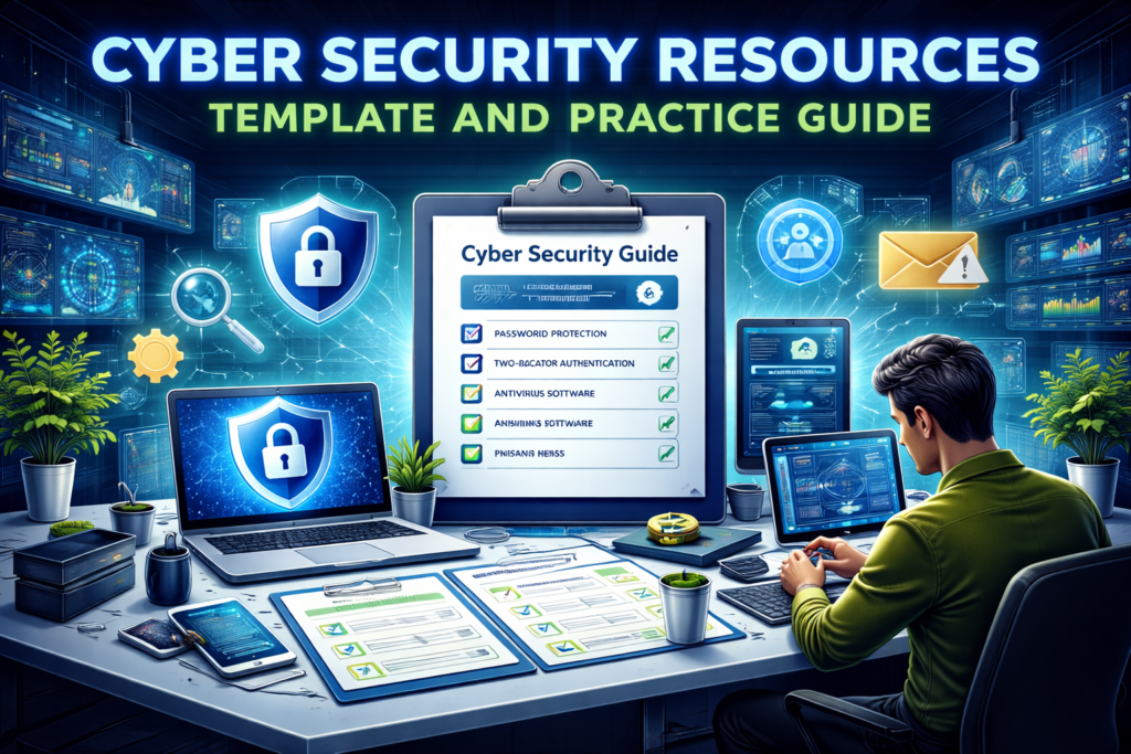 Cyber Security Resources Template and Practice Guide featuring a cybersecurity expert working at a desk with multiple high-tech devices. A clipboard with a security checklist displays key items like password protection, two-factor authentication, and antivirus software, while various digital security icons float in the background, emphasizing comprehensive cybersecurity practices and digital protection.
