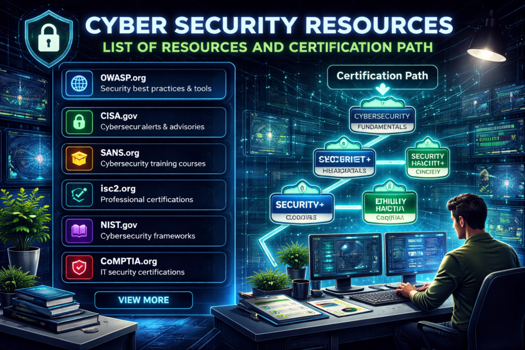 Cyber Security Resources List of Resources and Certification Path featuring a cybersecurity expert working at a desk with multiple screens displaying security data. On the left, a glowing list highlights key cybersecurity resources like OWASP, CISA, and SANS. On the right, an illuminated certification path shows the progression from cybersecurity fundamentals to advanced certifications like Security+, Ethical Hacking, and CISO.