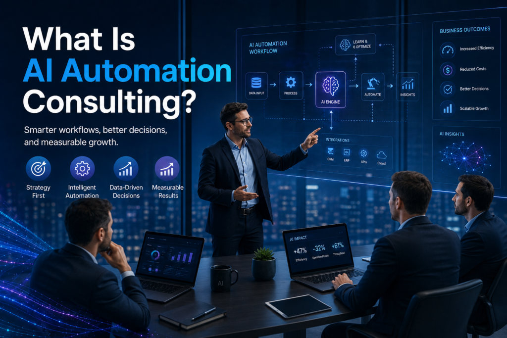 AI automation consulting expert explaining workflow automation and business ROI in a modern tech meeting.