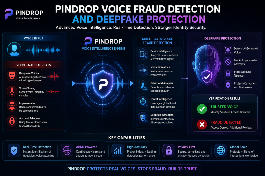 Pindrop voice fraud detection and deepfake protection infographic showing voice input threats biometric analysis AI fraud detection trusted voice verification and account takeover prevention.