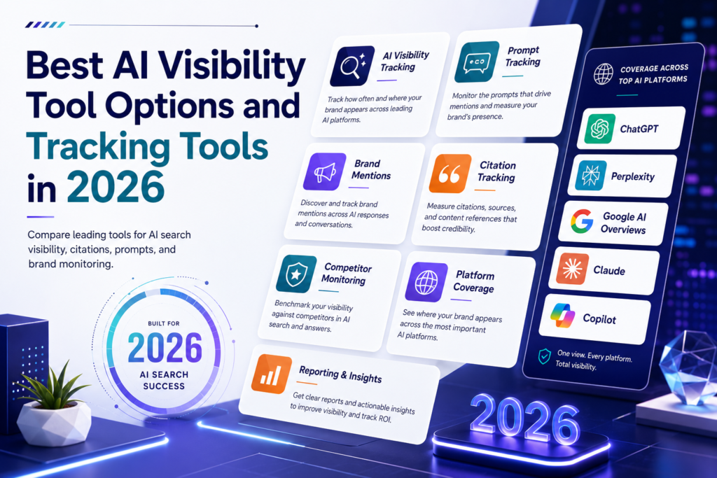 Best AI visibility tool options and tracking tools in 2026 showing AI search monitoring brand mentions visibility score citations platform tracking and competitor insights.