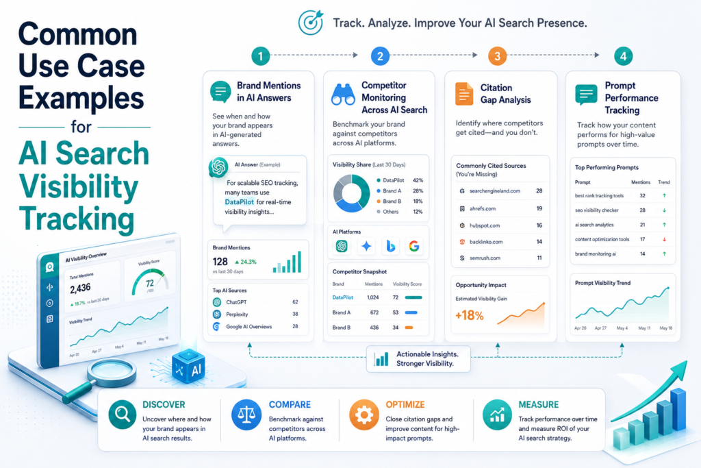 Common use case examples for AI search visibility tracking showing brand mentions competitor monitoring citation gap analysis prompt tracking and visibility improvement.