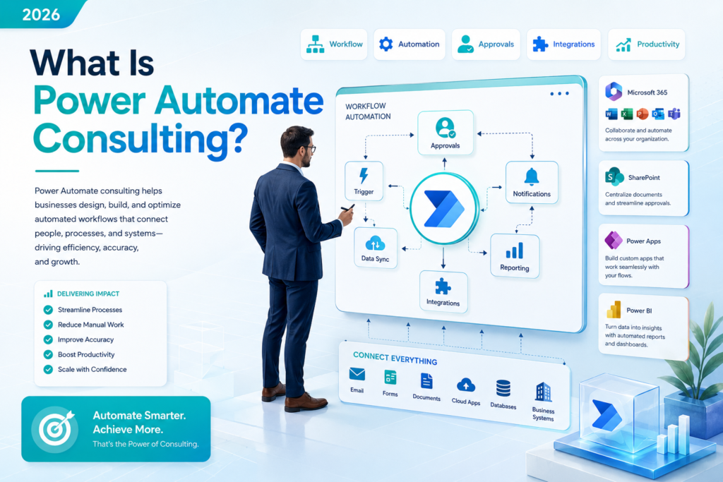Power Automate consulting infographic showing workflow automation approvals notifications integrations Microsoft 365 SharePoint Power Apps, and Power BI.