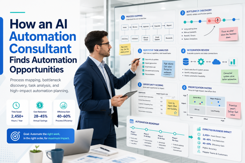 AI automation consultant mapping workflows finding bottlenecks scoring automation opportunities, and planning high impact process improvements.