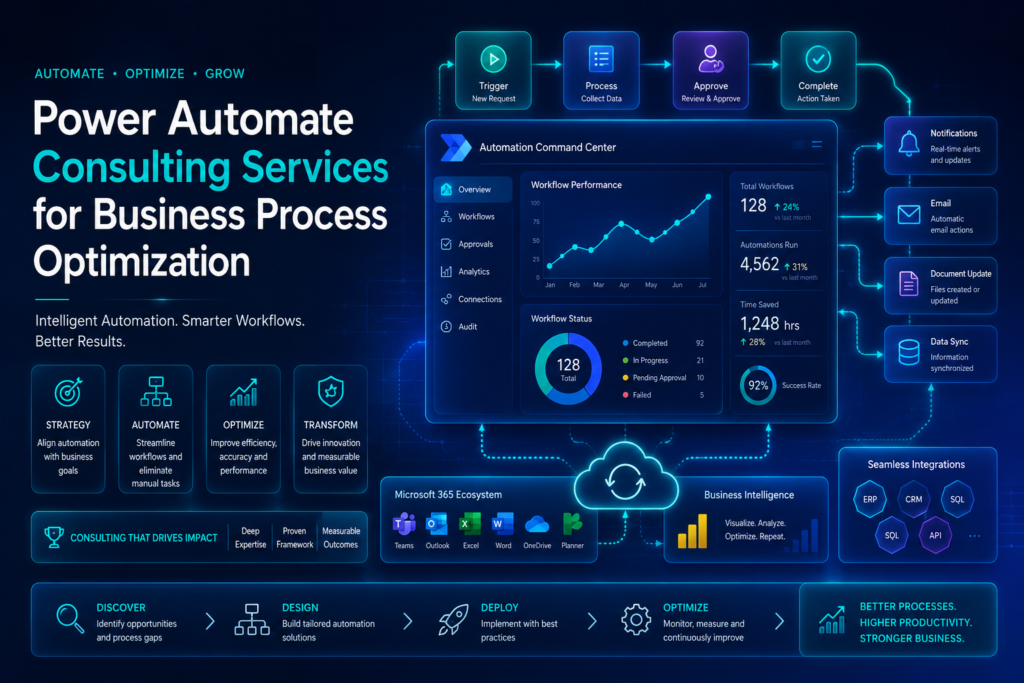 Power Automate consulting services for business process optimization showing workflow analysis approvals automation dashboard Microsoft 365 integration notifications and performance tracking.