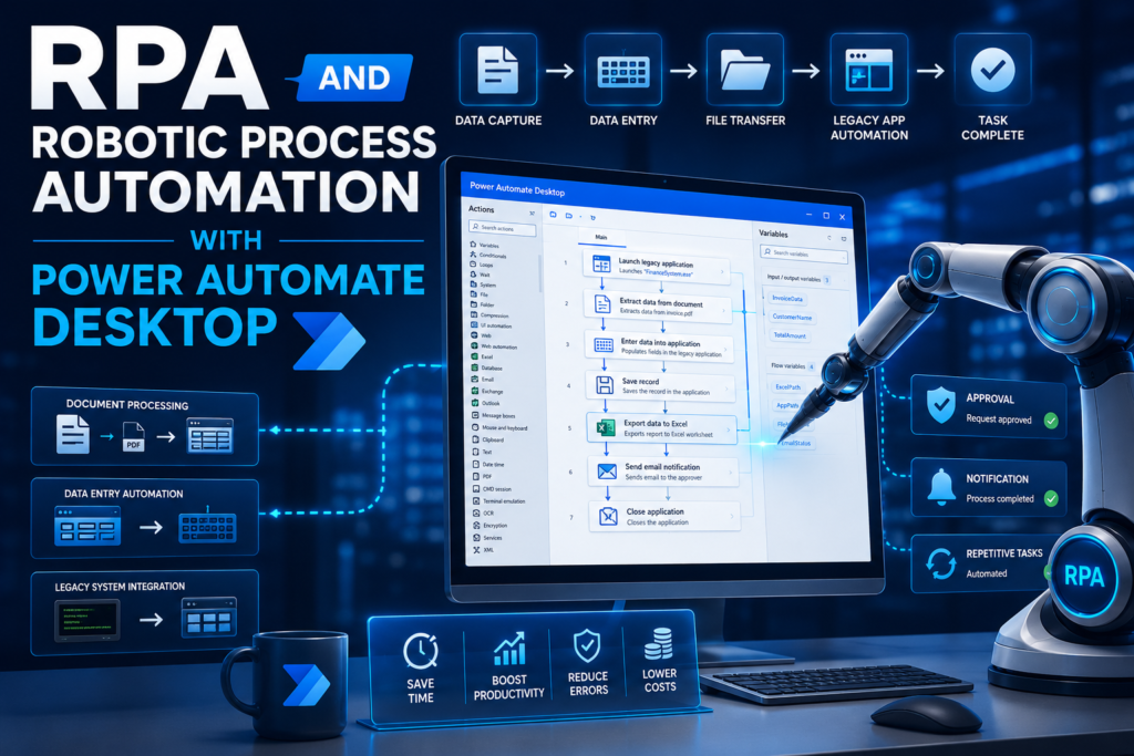 RPA and robotic process automation with Power Automate Desktop showing desktop workflow automation data entry legacy system integration approvals notifications and repetitive task automation.