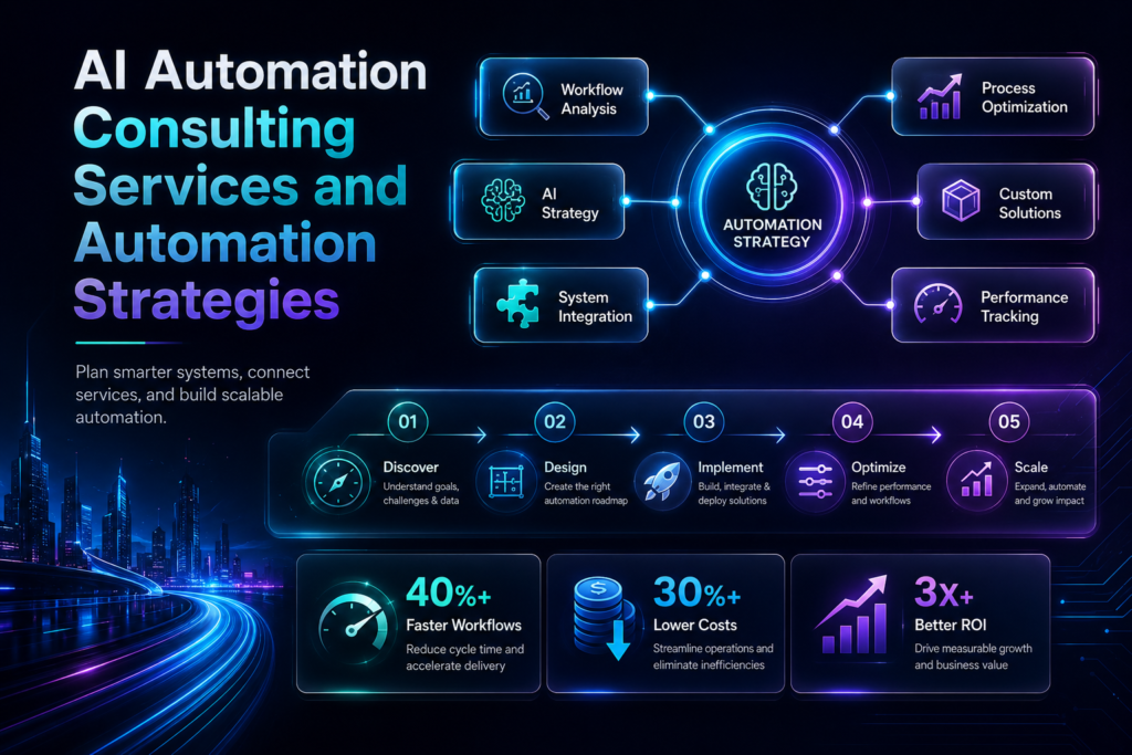 AI automation consulting services and automation strategies dashboard with workflow analysis AI strategy system integration process optimization and ROI growth.
