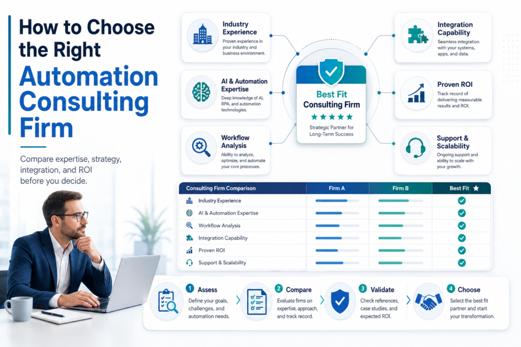 Choosing the right automation consulting firm with comparison dashboard AI expertise workflow analysis integration capability proven ROI and scalability.