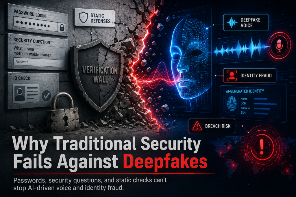 Traditional security failing against deepfakes with cracked verification wall password login security questions deepfake voice identity fraud and breach risk.